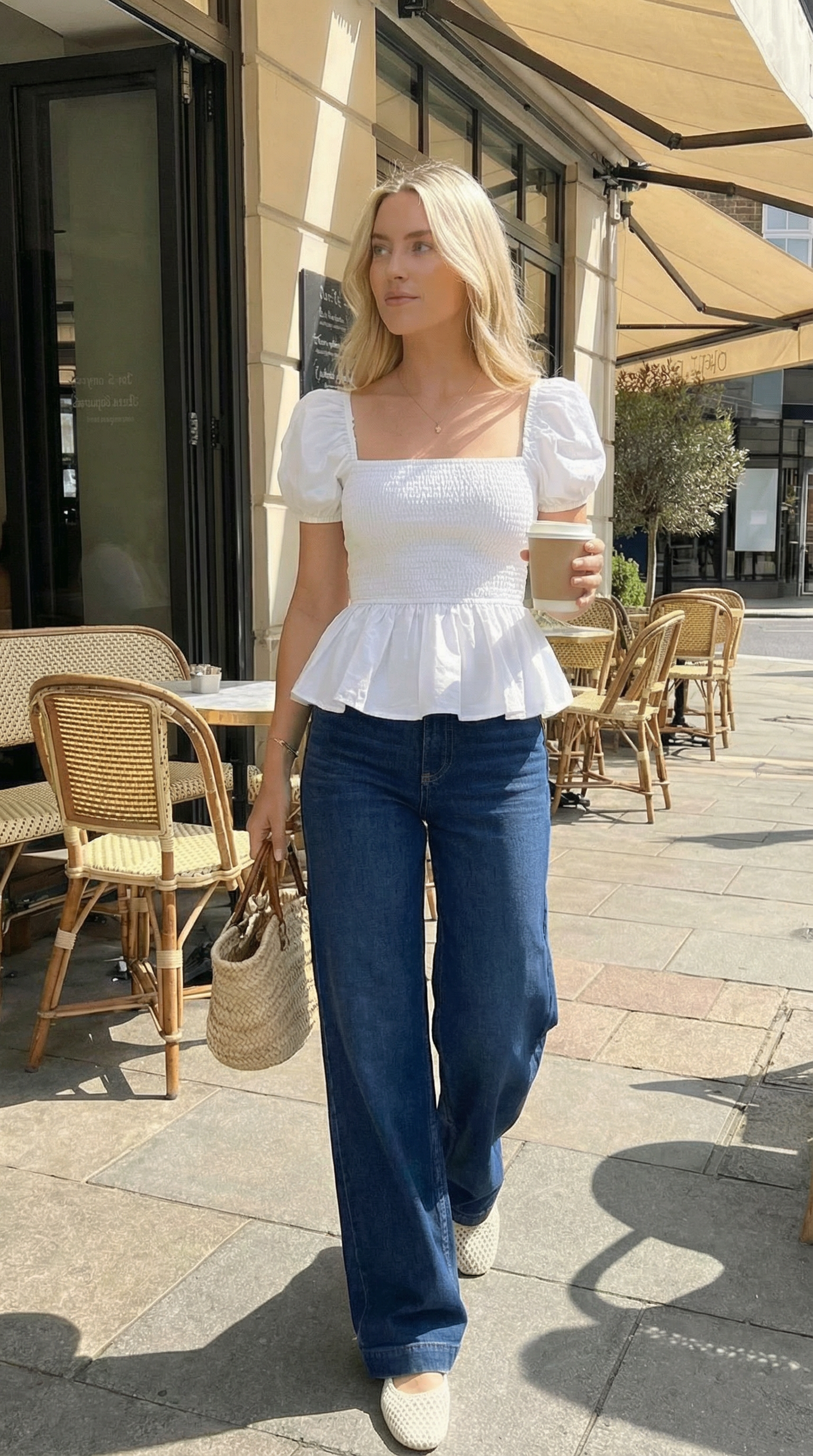 Sera – Cotton Poplin Puff Sleeve Peplum Blouse Top In White