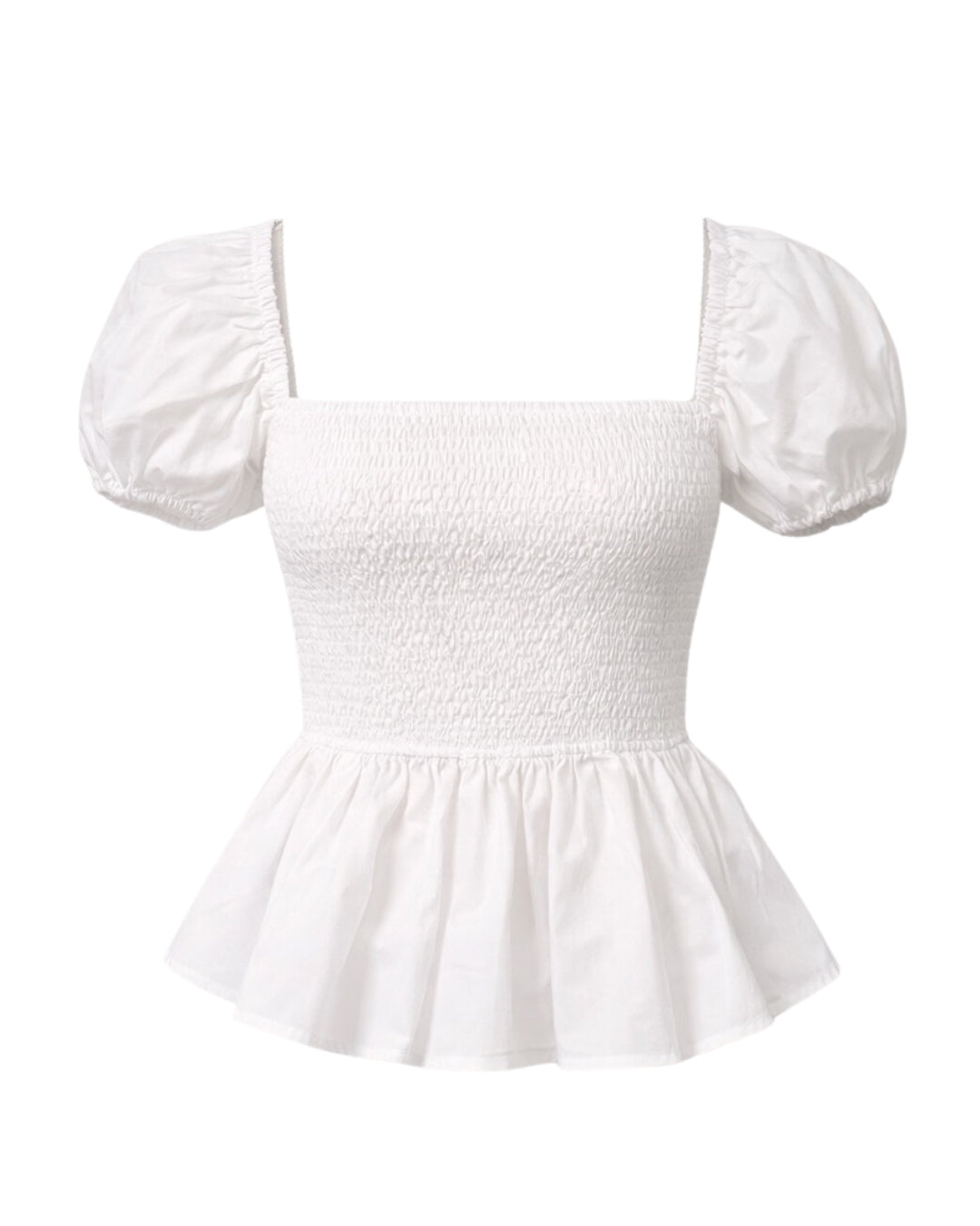 Sera – Cotton Poplin Puff Sleeve Peplum Blouse Top In White