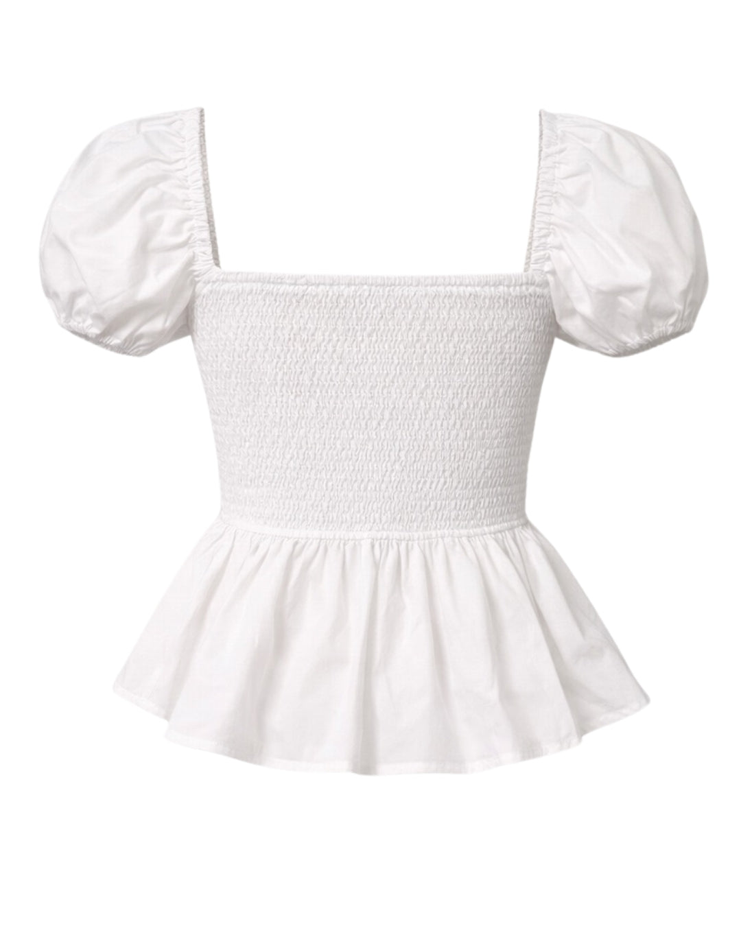 Sera – Cotton Poplin Puff Sleeve Peplum Blouse Top In White