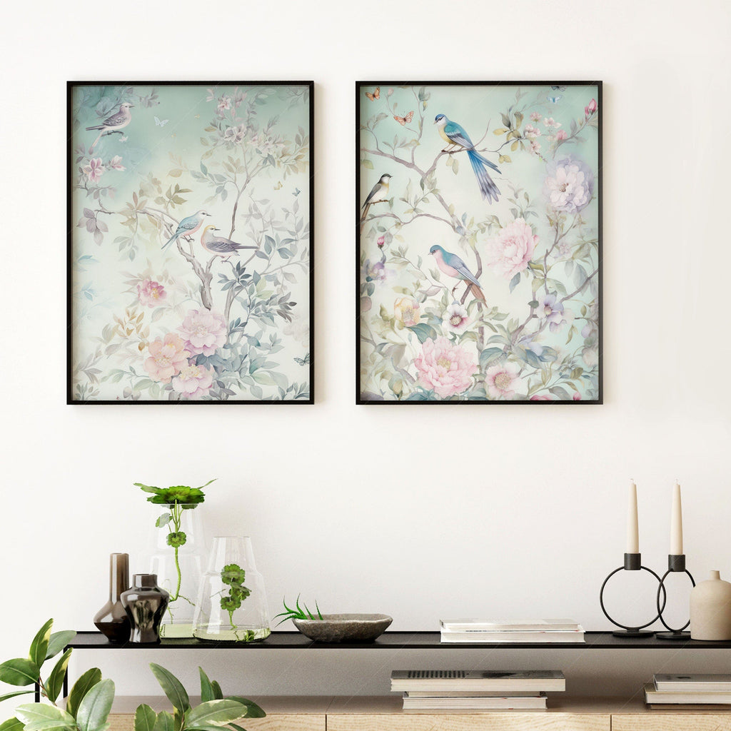 Chinoiserie Bird and Floral Print Set of 2 – Soft Pastel Nursery Wall Art
