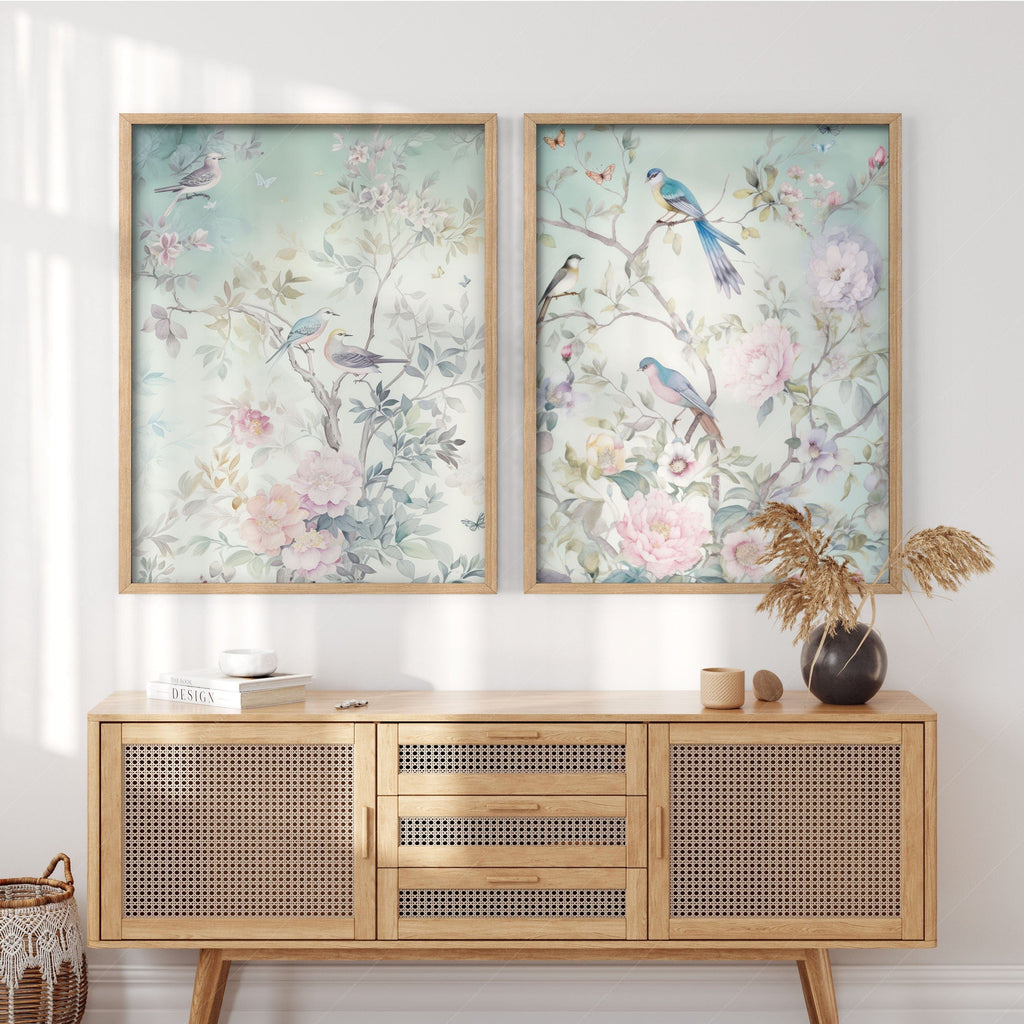 Chinoiserie Bird and Floral Print Set of 2 – Soft Pastel Nursery Wall Art