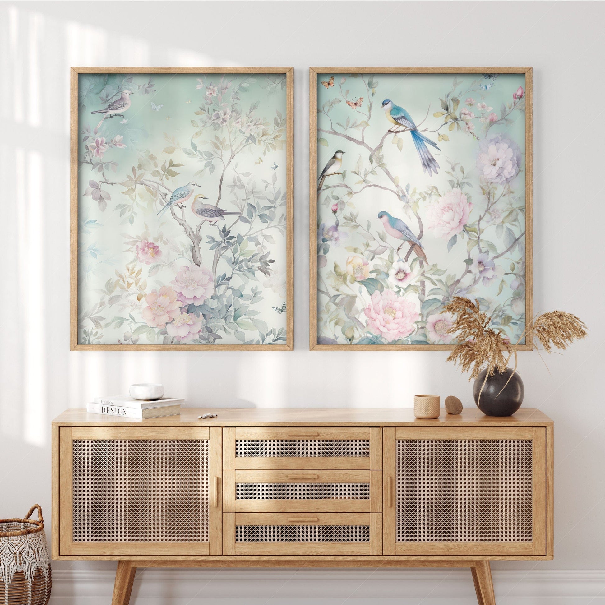 Chinoiserie Bird and Floral Print Set of 2 – Soft Pastel Nursery Wall Art