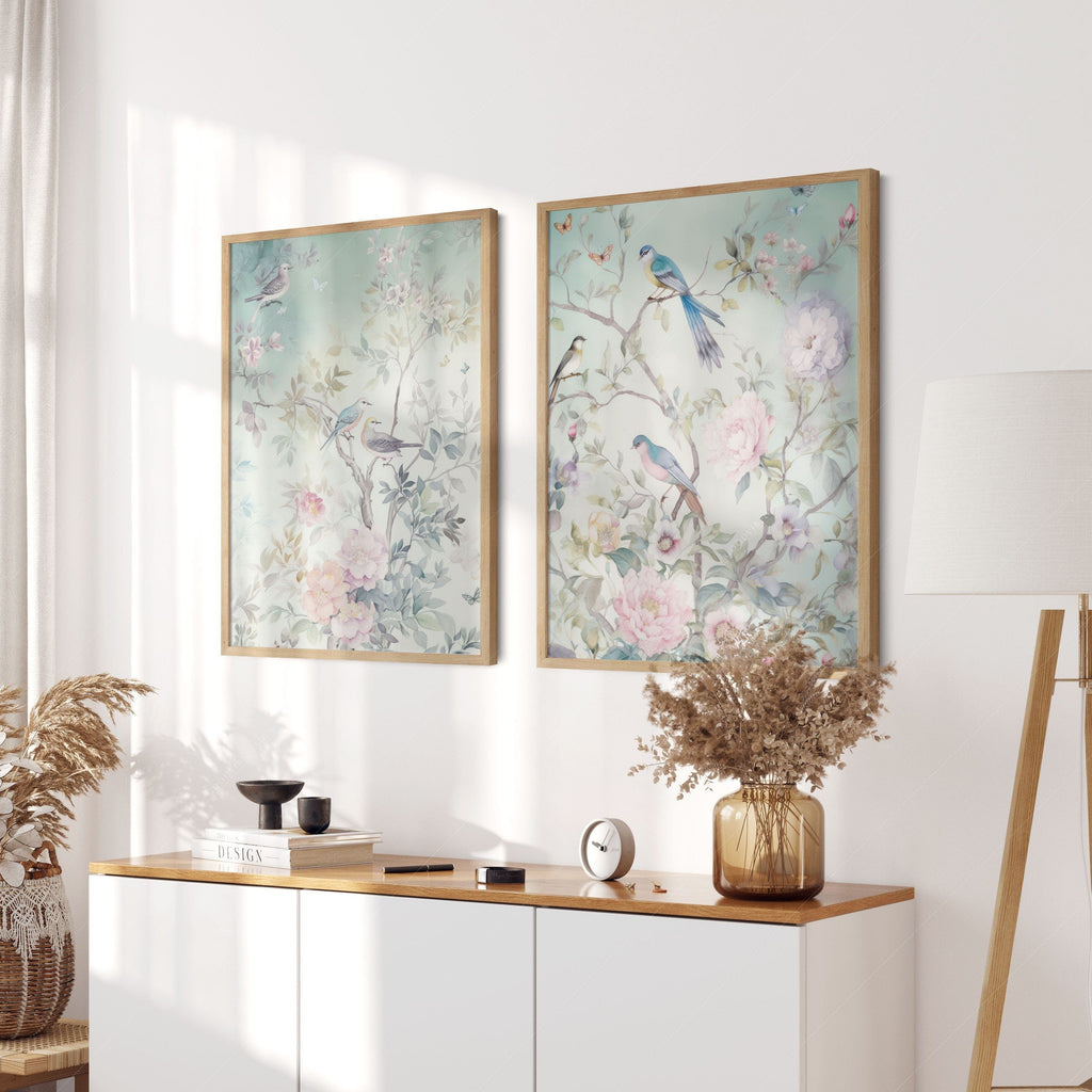 Chinoiserie Bird and Floral Print Set of 2 – Soft Pastel Nursery Wall Art
