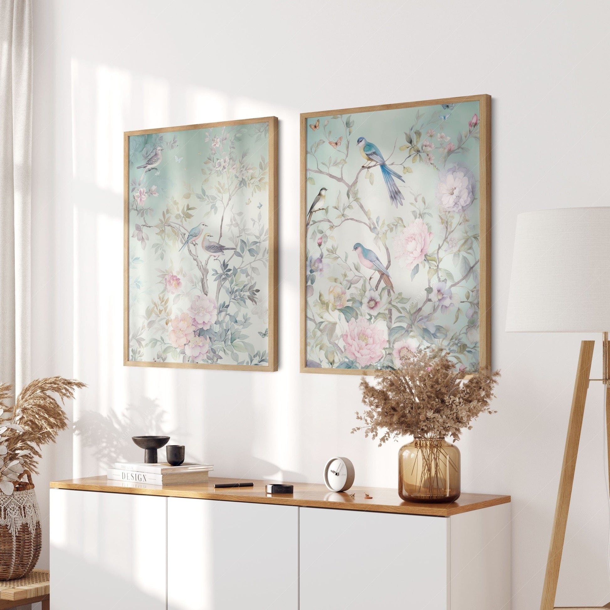 Chinoiserie Bird and Floral Print Set of 2 – Soft Pastel Nursery Wall Art