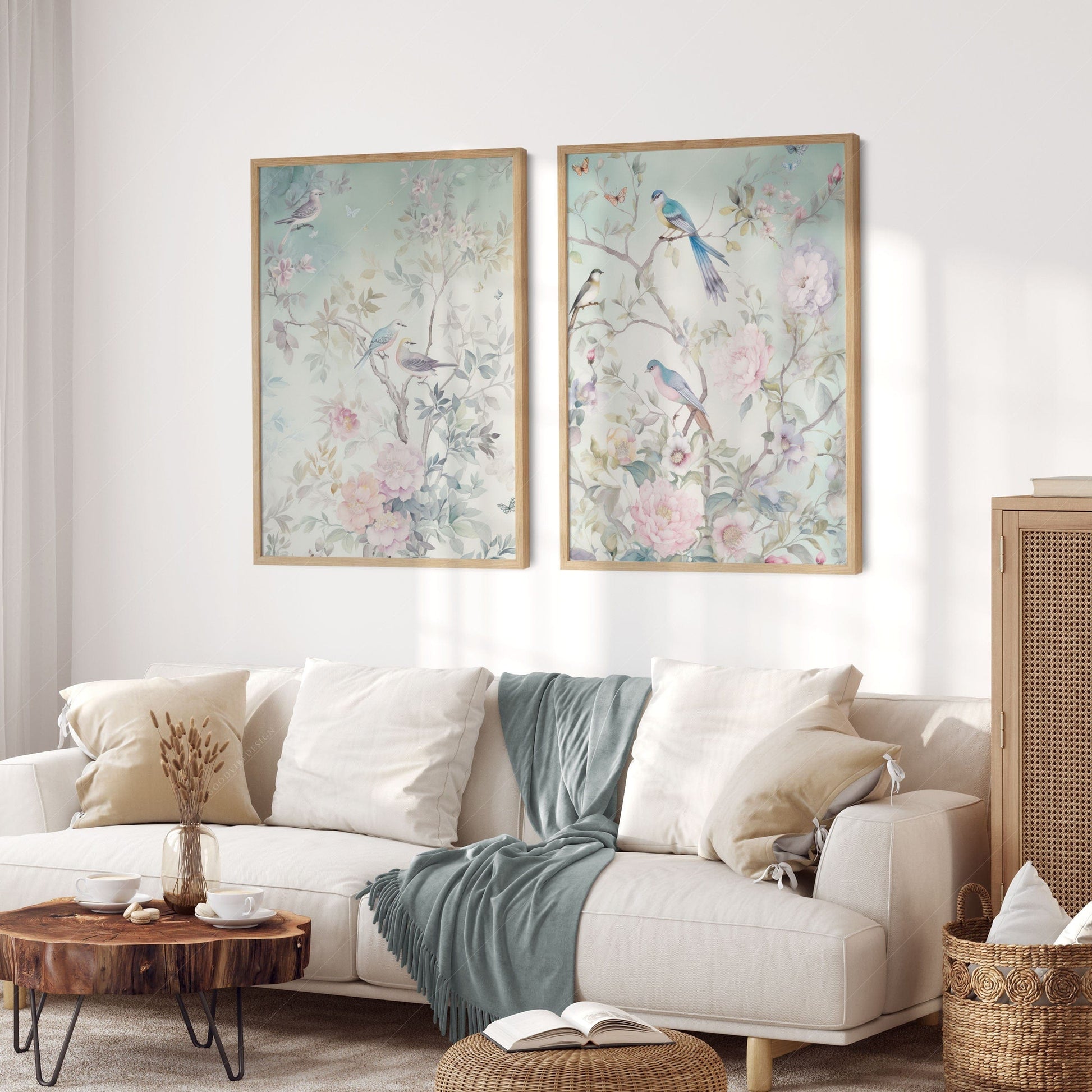 Chinoiserie Bird and Floral Print Set of 2 – Soft Pastel Nursery Wall Art