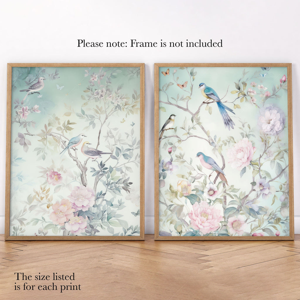 Chinoiserie Bird and Floral Print Set of 2 – Soft Pastel Nursery Wall Art