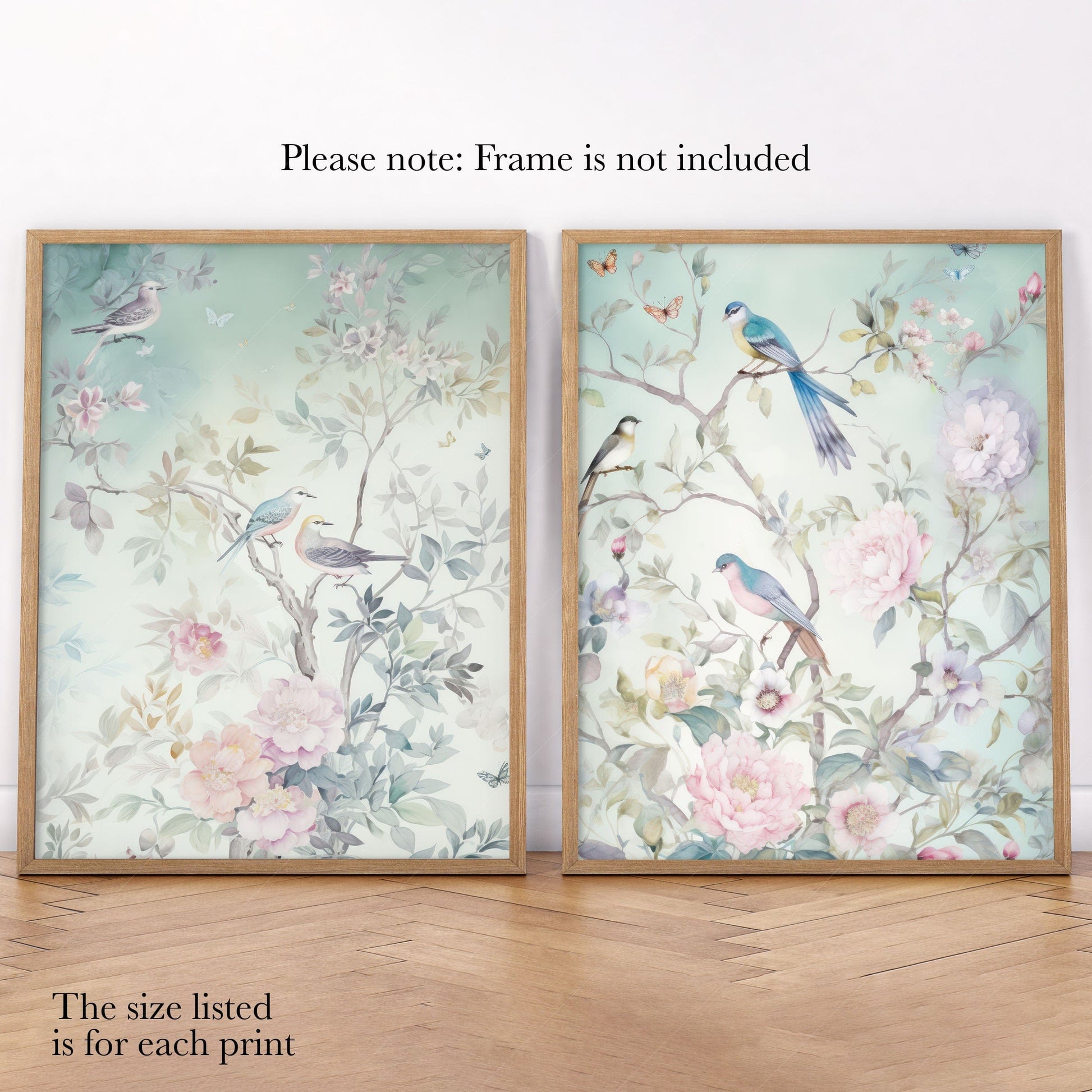 Chinoiserie Bird and Floral Print Set of 2 – Soft Pastel Nursery Wall Art