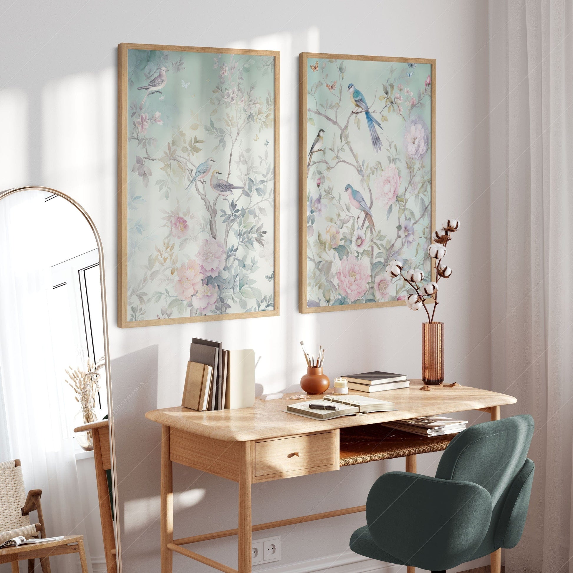 Chinoiserie Bird and Floral Print Set of 2 – Soft Pastel Nursery Wall Art