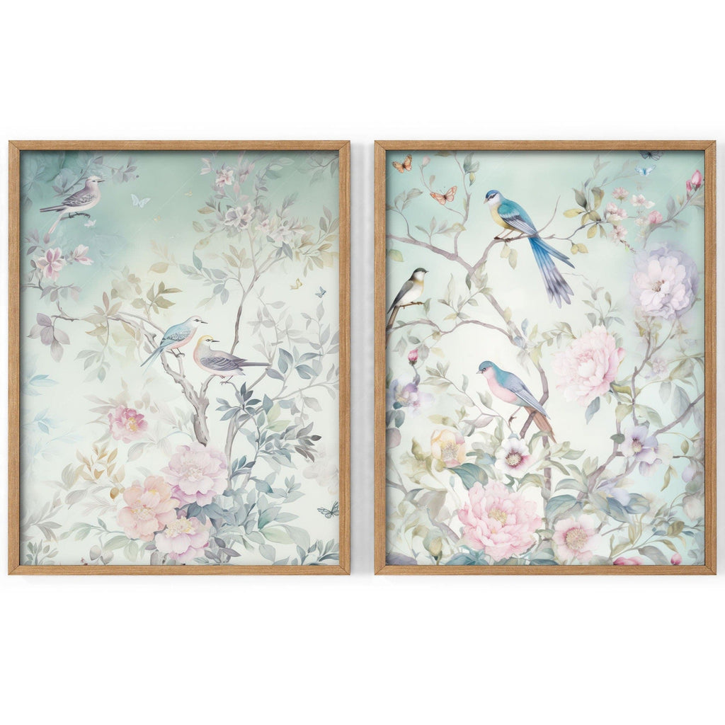 Chinoiserie Bird and Floral Print Set of 2 – Soft Pastel Nursery Wall Art