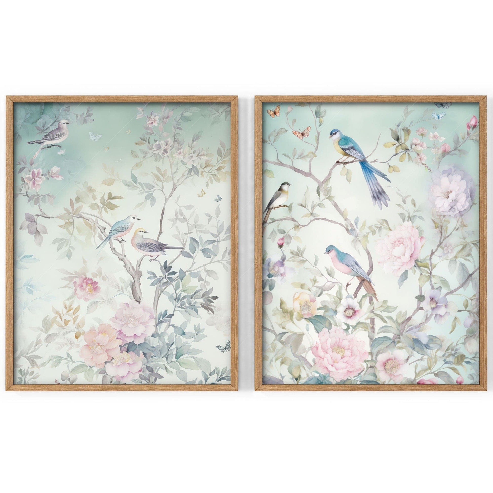 Chinoiserie Bird and Floral Print Set of 2 – Soft Pastel Nursery Wall Art