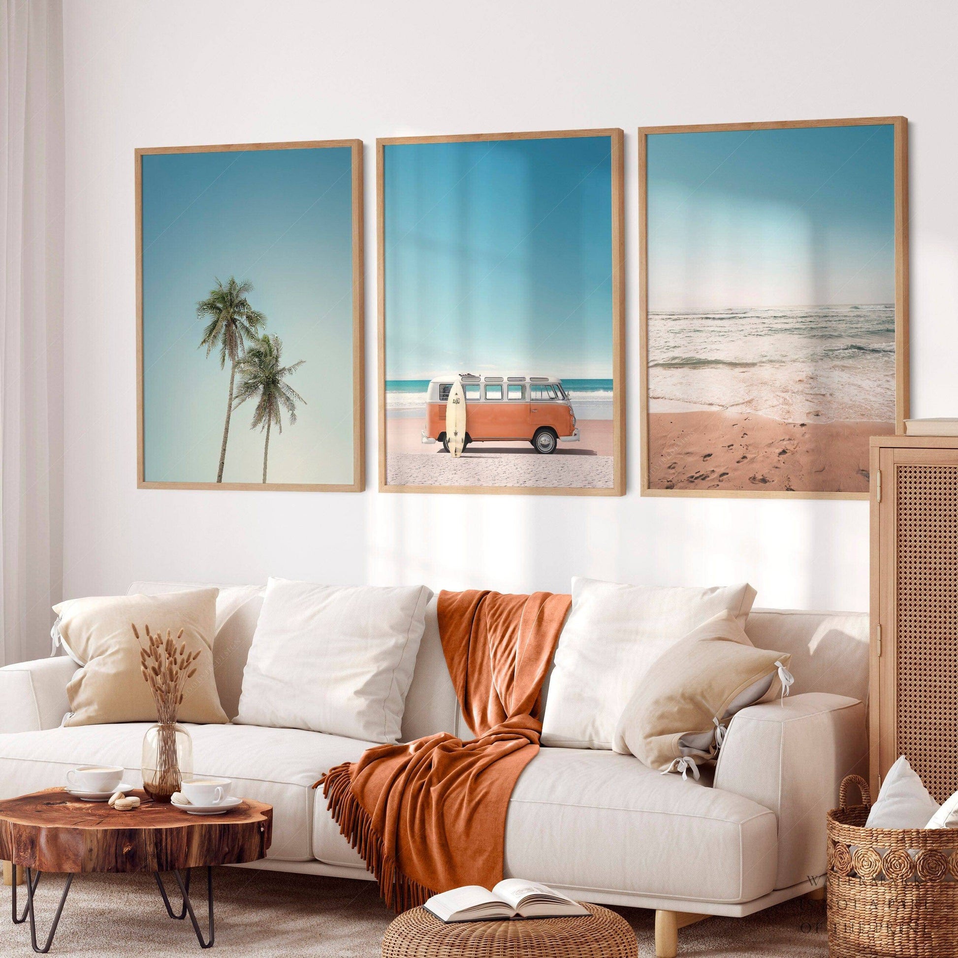 Set of 3 Beach Prints – Orange Kombi Van Palm Tree Ocean Wall Art