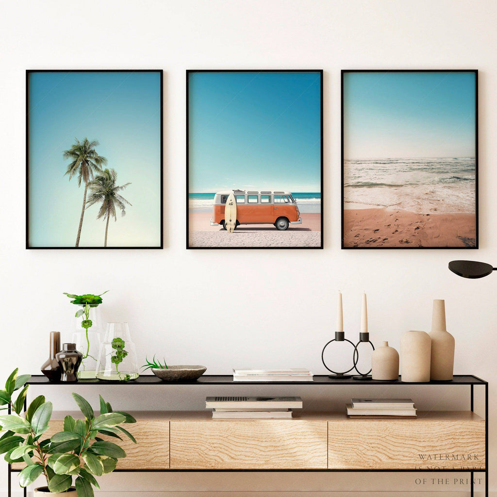 Set of 3 Beach Prints – Orange Kombi Van Palm Tree Ocean Wall Art