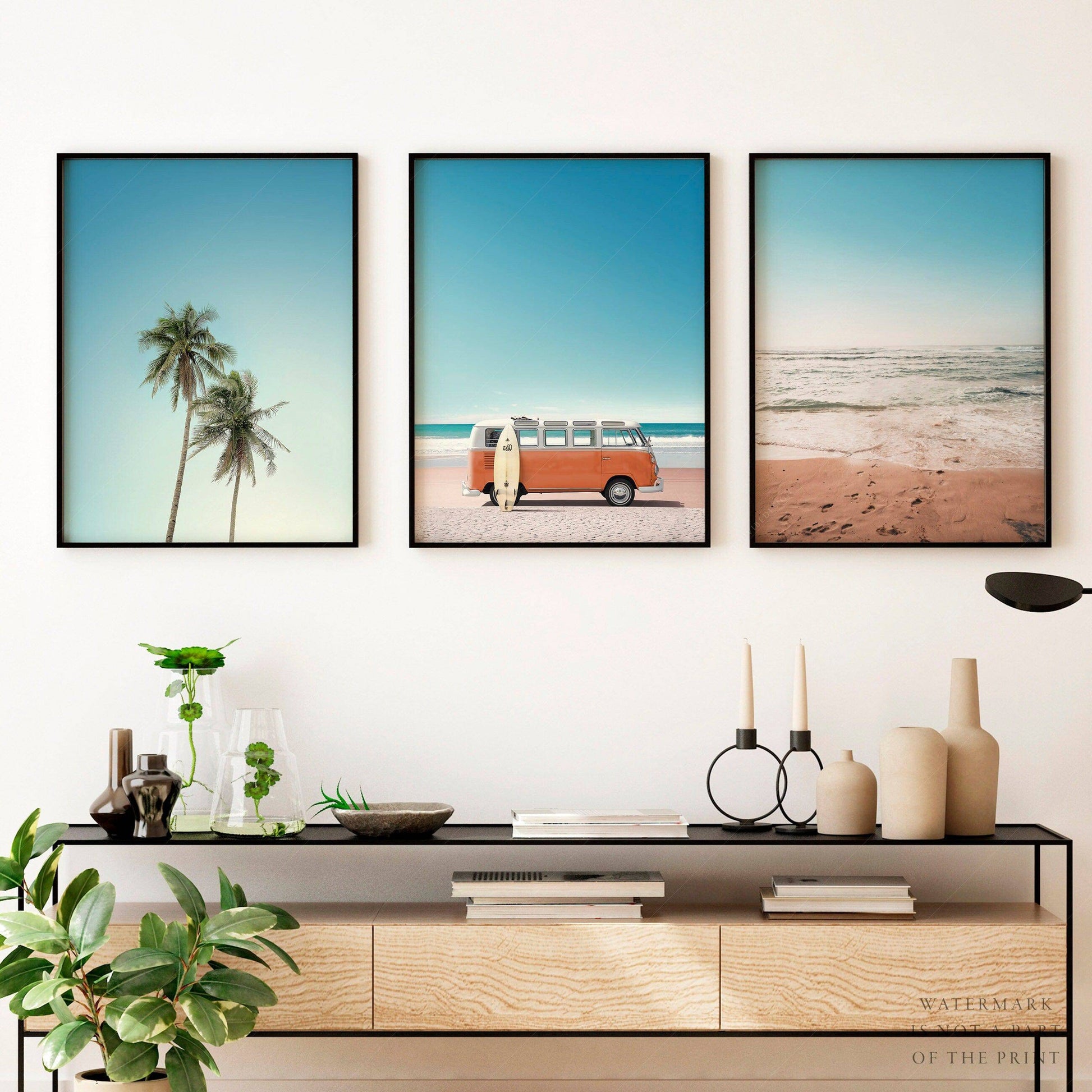 Set of 3 Beach Prints – Orange Kombi Van Palm Tree Ocean Wall Art