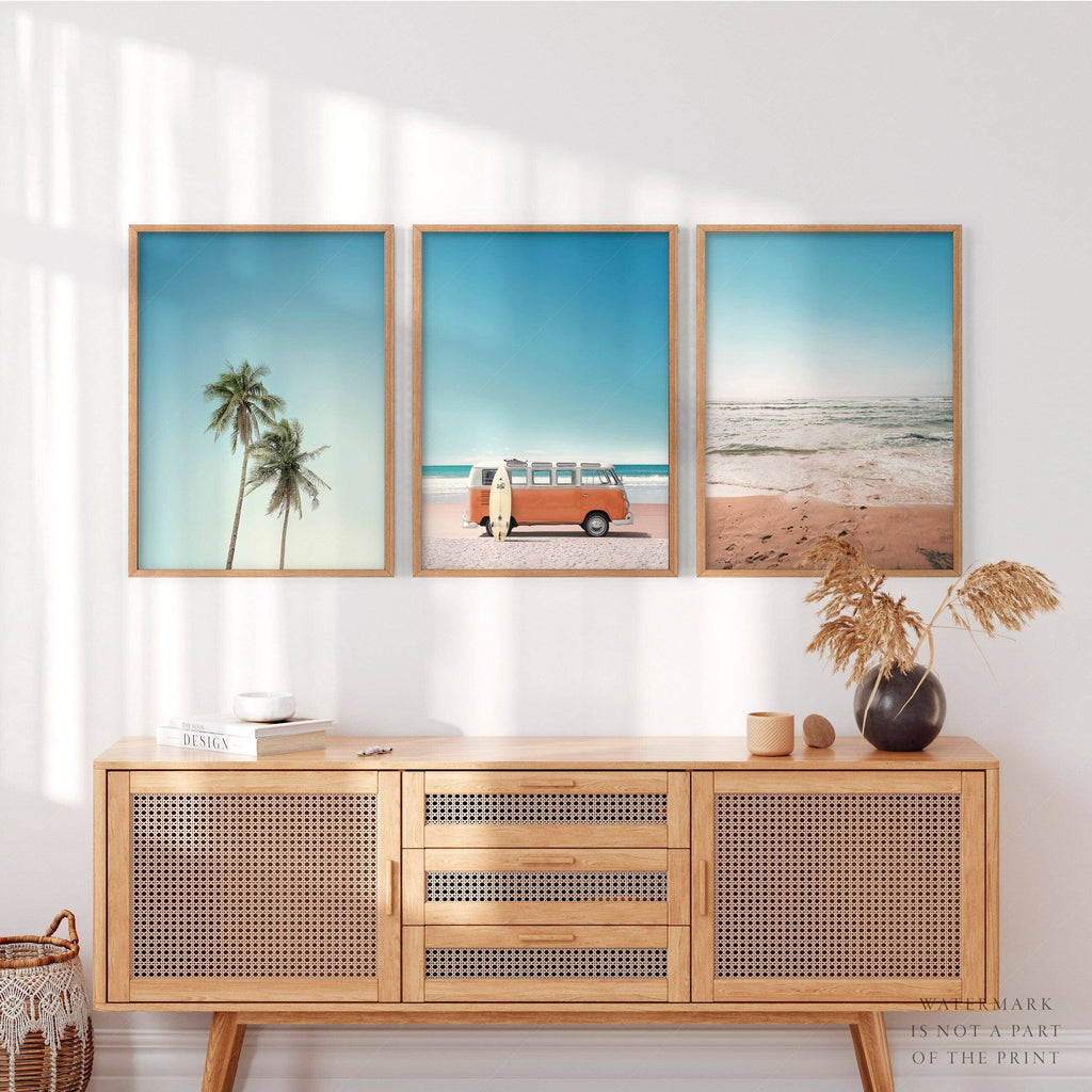 Set of 3 Beach Prints – Orange Kombi Van Palm Tree Ocean Wall Art