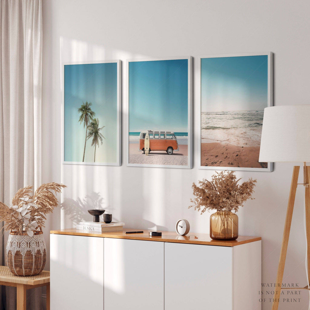 Set of 3 Beach Prints – Orange Kombi Van Palm Tree Ocean Wall Art