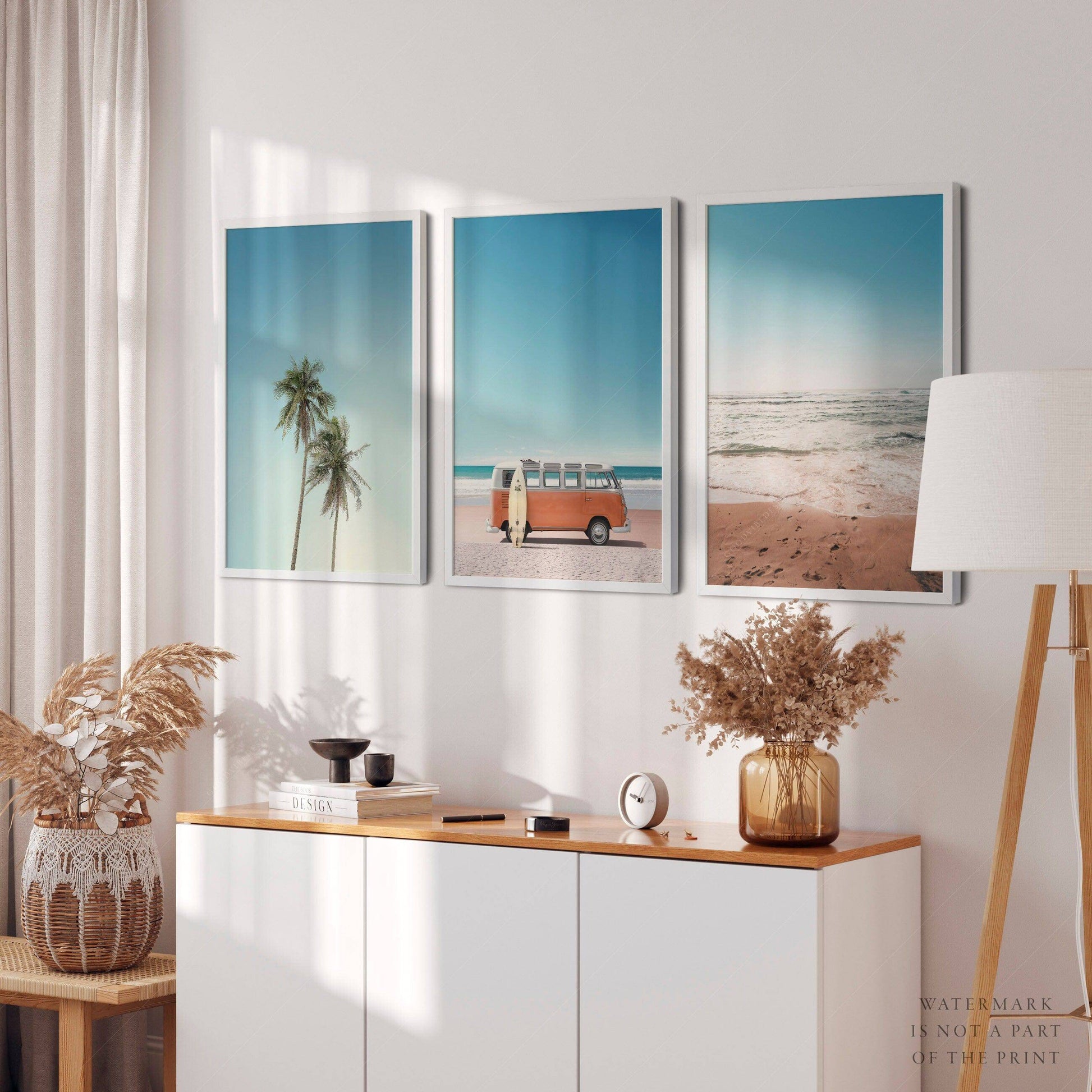 Set of 3 Beach Prints – Orange Kombi Van Palm Tree Ocean Wall Art