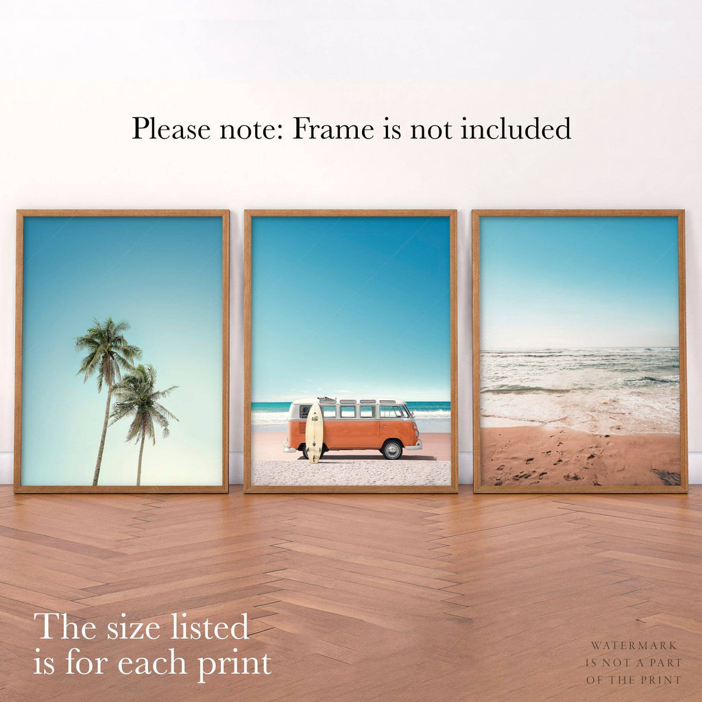 Set of 3 Beach Prints – Orange Kombi Van Palm Tree Ocean Wall Art