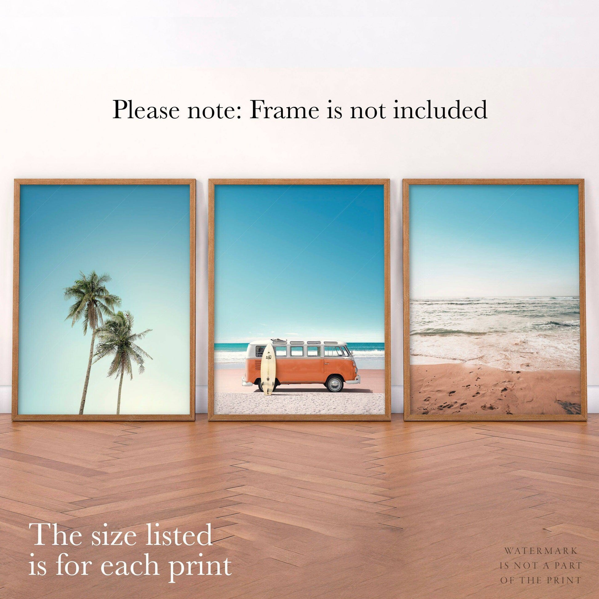 Set of 3 Beach Prints – Orange Kombi Van Palm Tree Ocean Wall Art