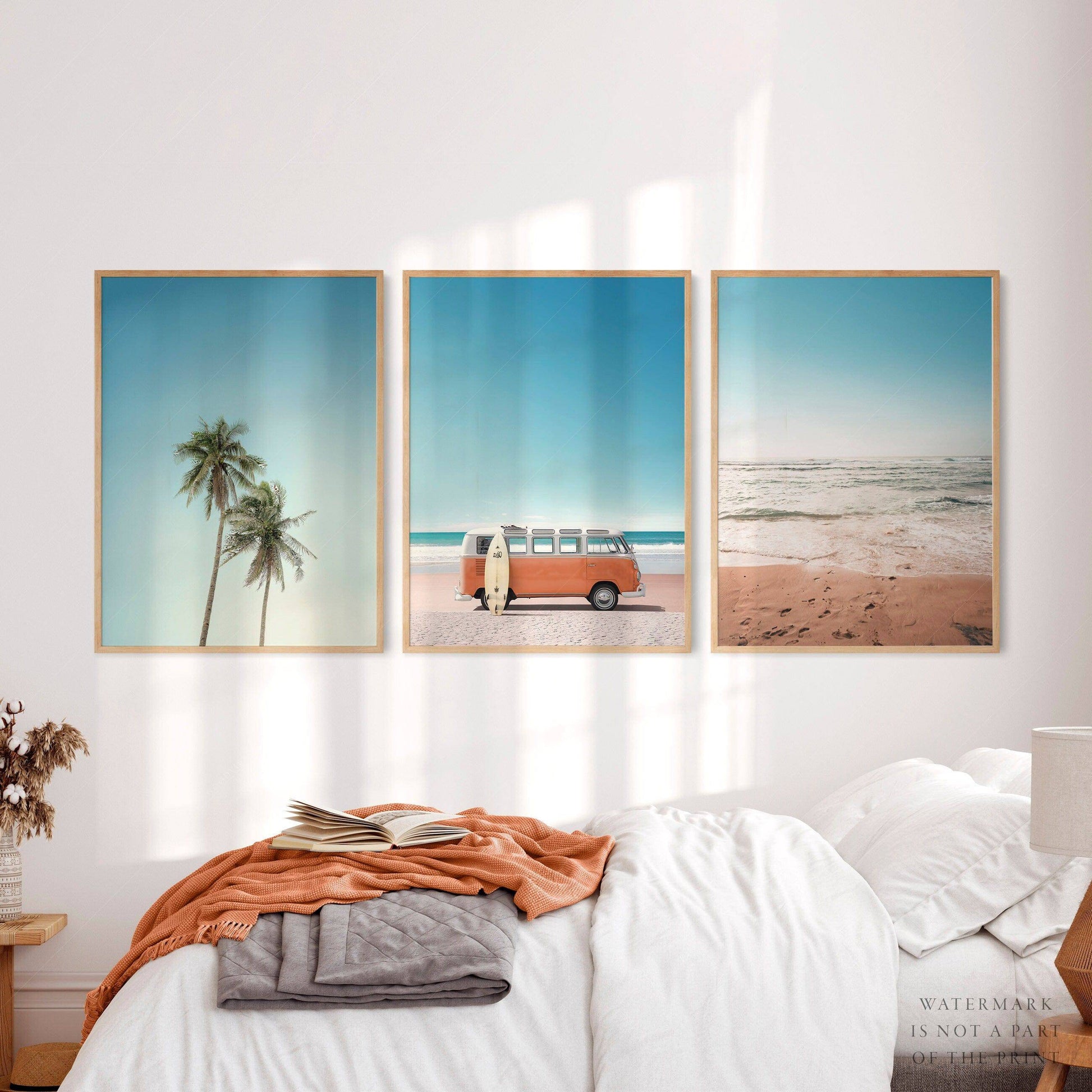 Set of 3 Beach Prints – Orange Kombi Van Palm Tree Ocean Wall Art