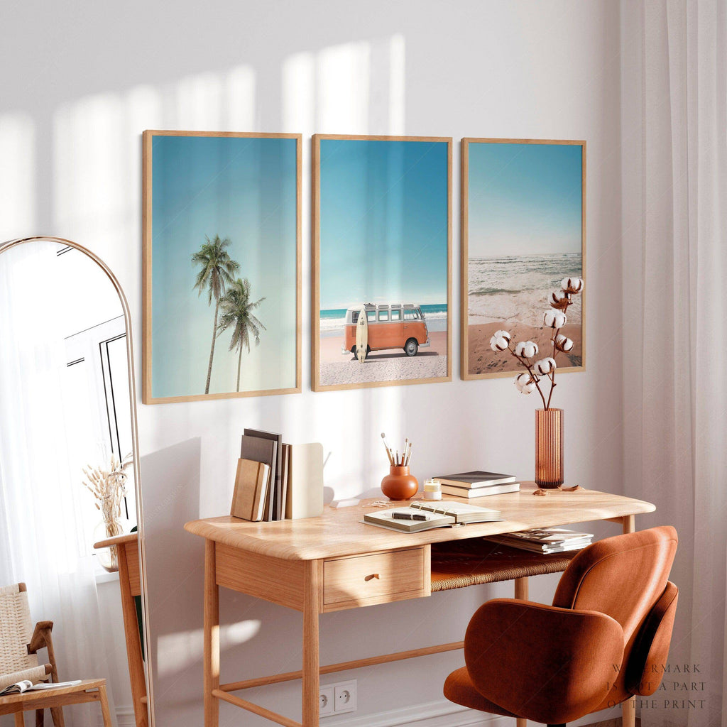 Set of 3 Beach Prints – Orange Kombi Van Palm Tree Ocean Wall Art