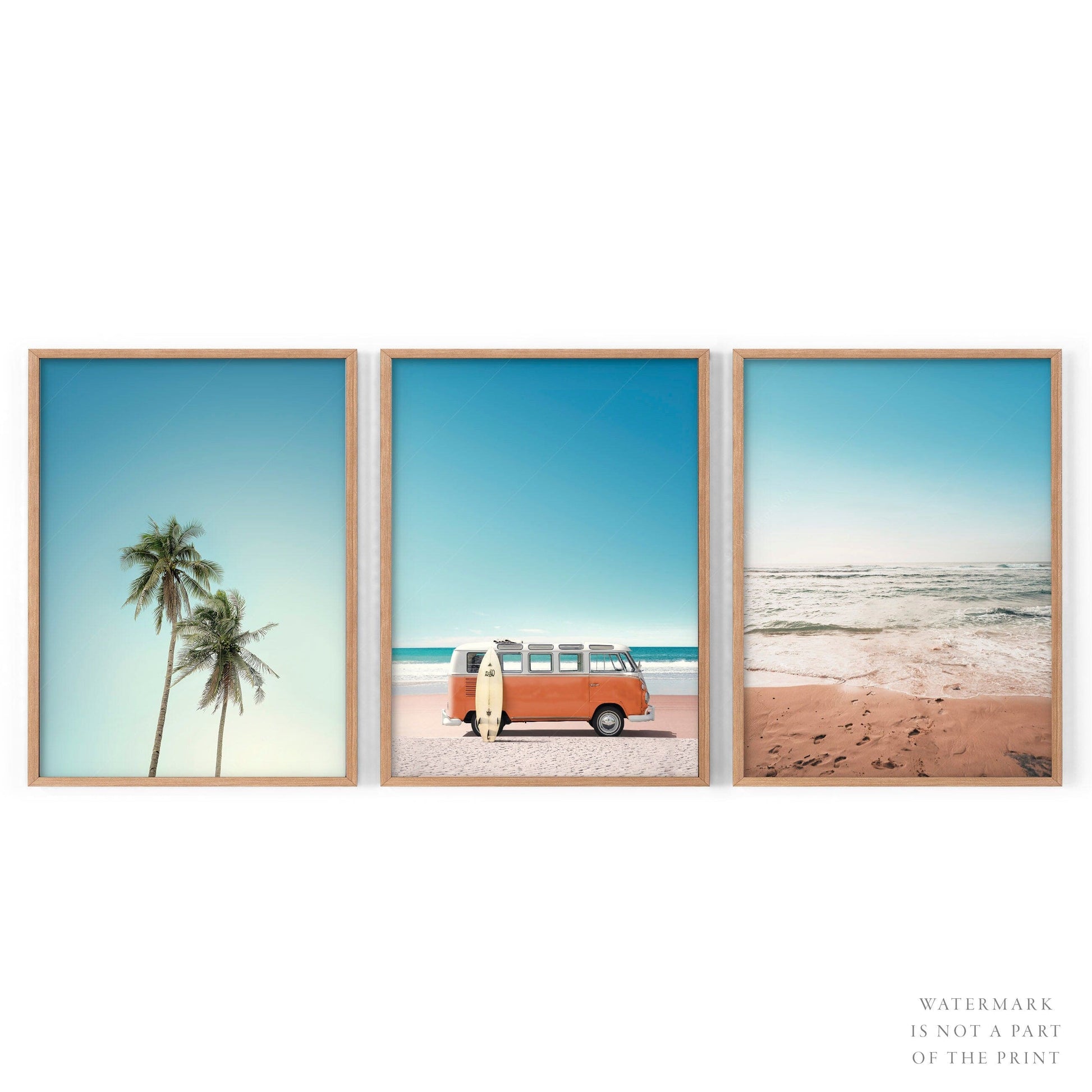 Set of 3 Beach Prints – Orange Kombi Van Palm Tree Ocean Wall Art