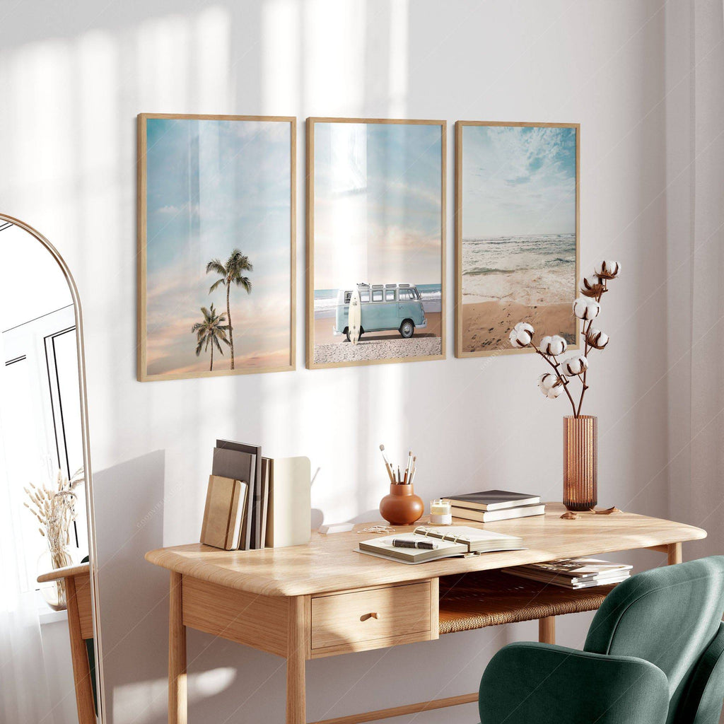 Beach Triptych Set of 3 Prints – Coastal VW Van Palm Tree Ocean Wall Art