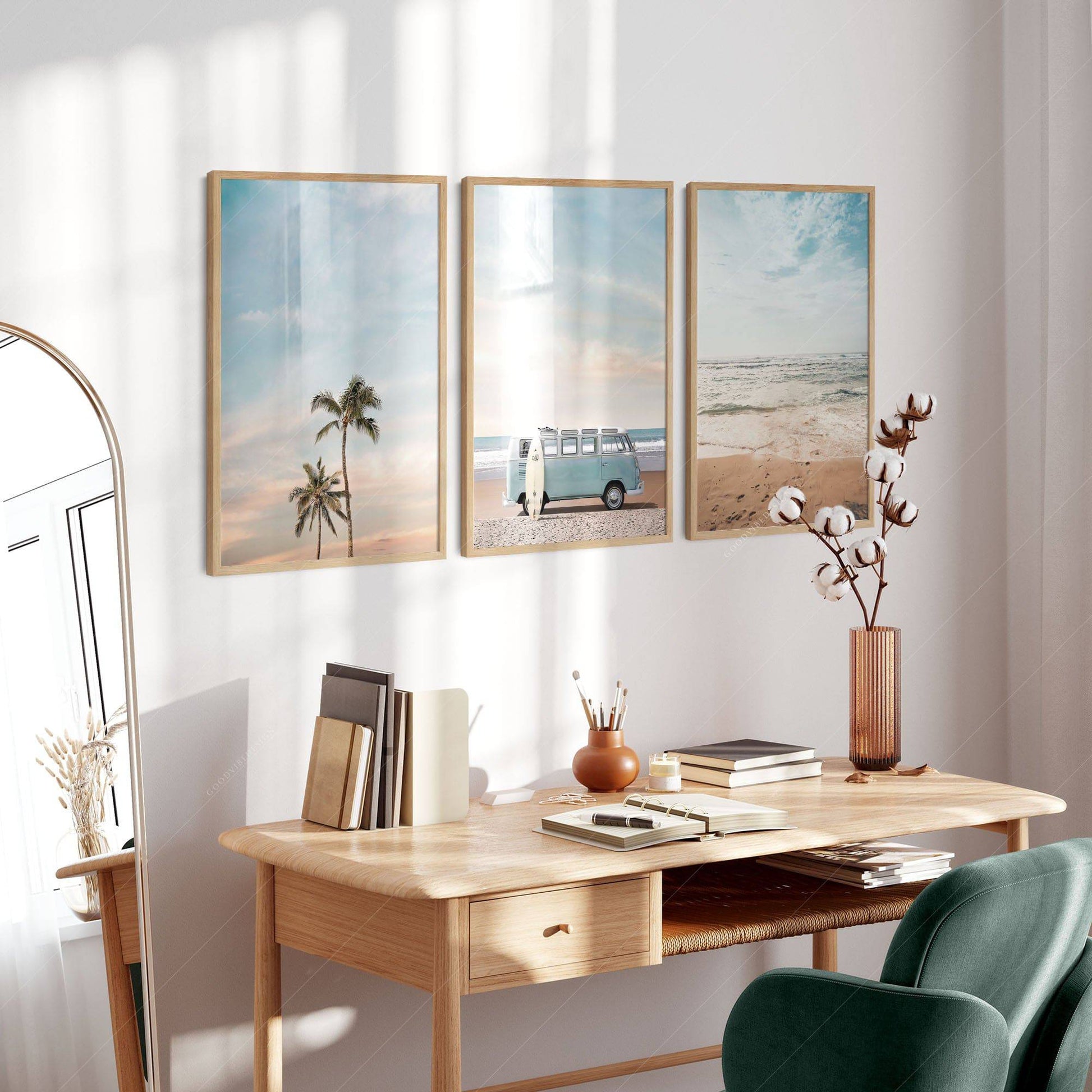 Beach Triptych Set of 3 Prints – Coastal VW Van Palm Tree Ocean Wall Art