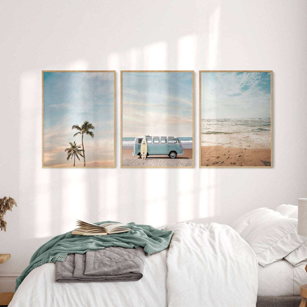 Beach Triptych Set of 3 Prints – Coastal VW Van Palm Tree Ocean Wall Art