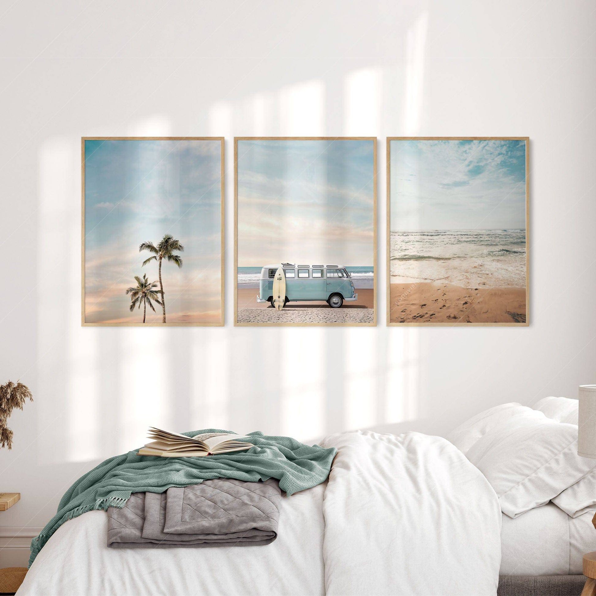 Beach Triptych Set of 3 Prints – Coastal VW Van Palm Tree Ocean Wall Art