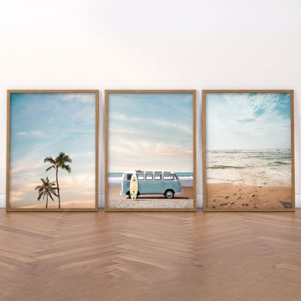 Beach Triptych Set of 3 Prints – Coastal VW Van Palm Tree Ocean Wall Art