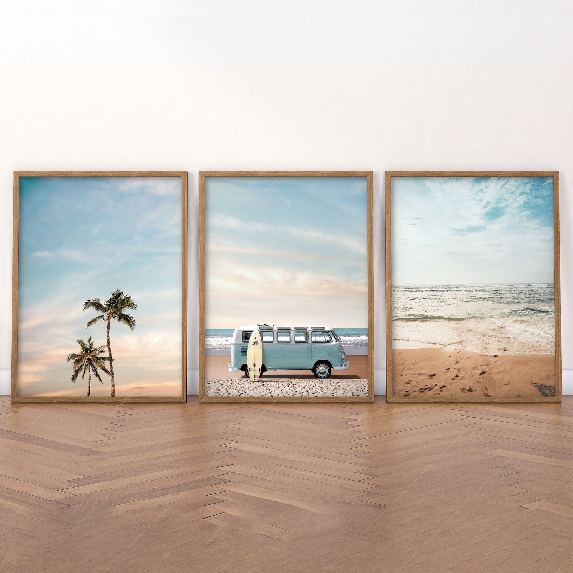 Beach Triptych Set of 3 Prints – Coastal VW Van Palm Tree Ocean Wall Art
