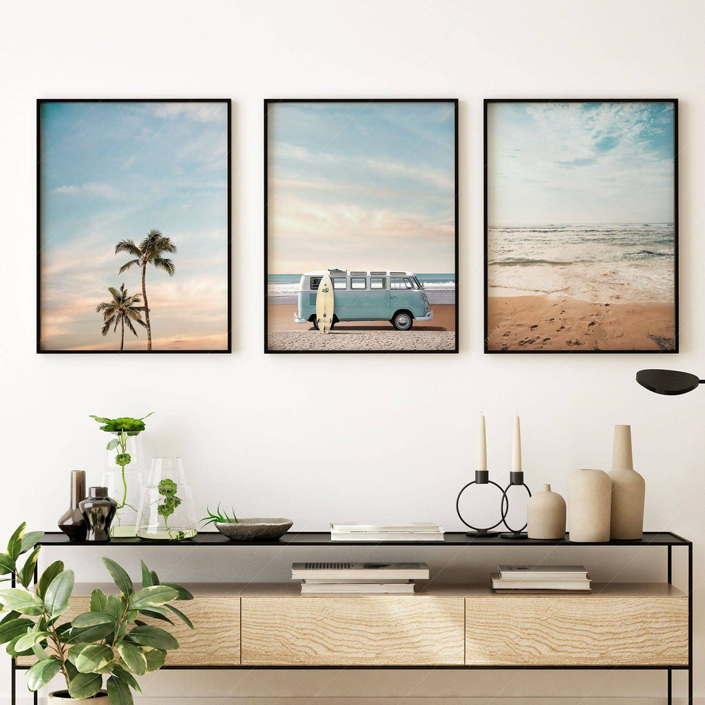 Beach Triptych Set of 3 Prints – Coastal VW Van Palm Tree Ocean Wall Art