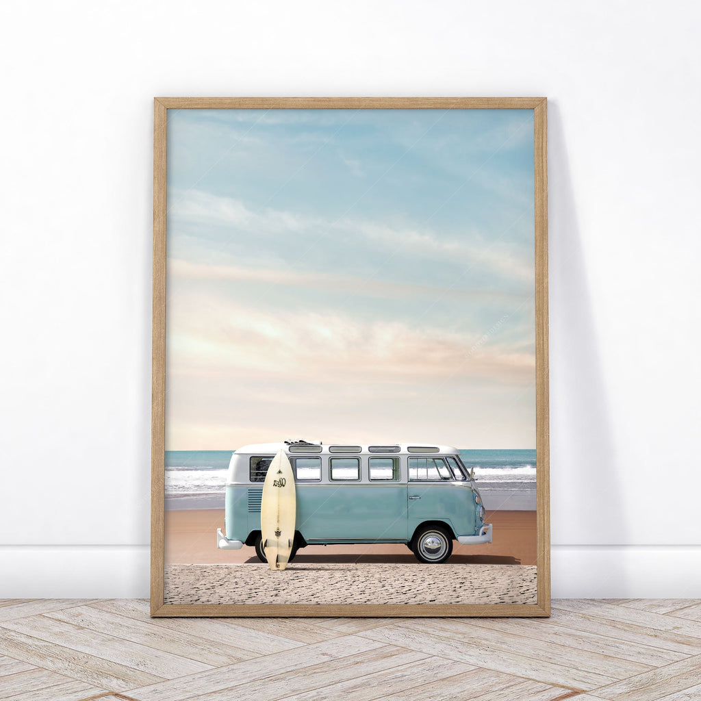 Beach Triptych Set of 3 Prints – Coastal VW Van Palm Tree Ocean Wall Art