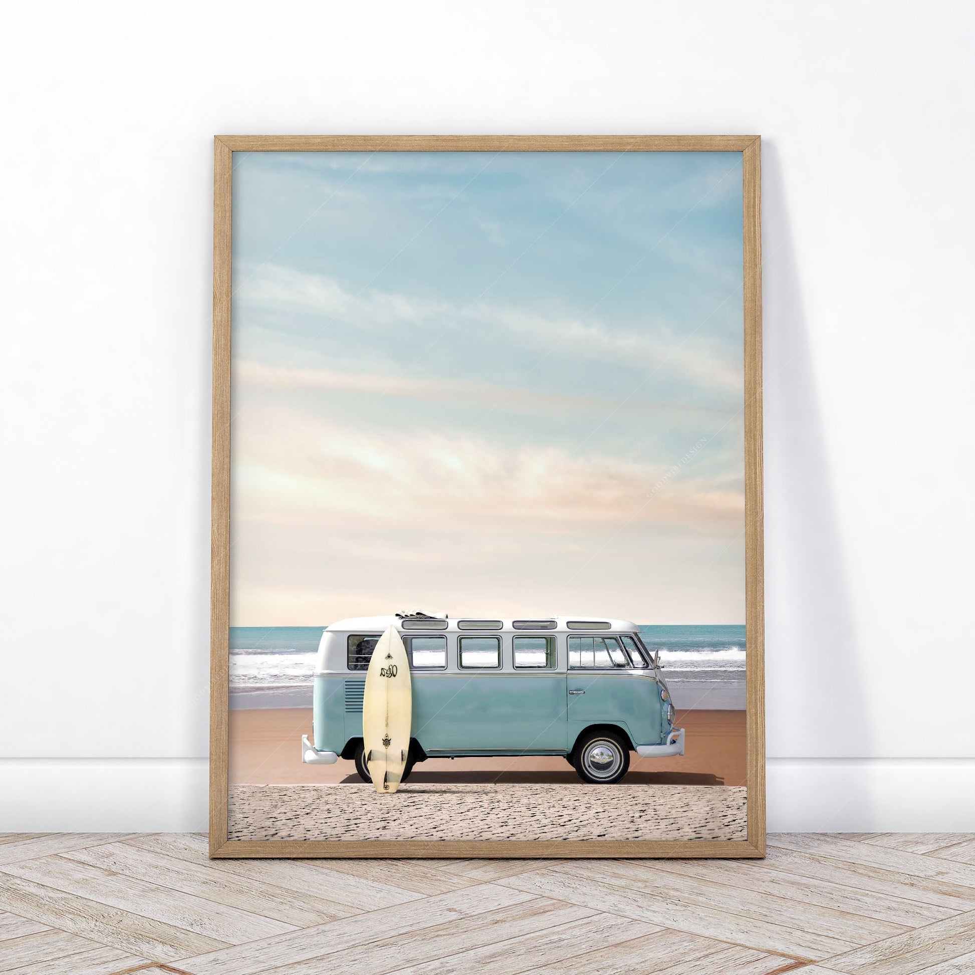 Beach Triptych Set of 3 Prints – Coastal VW Van Palm Tree Ocean Wall Art