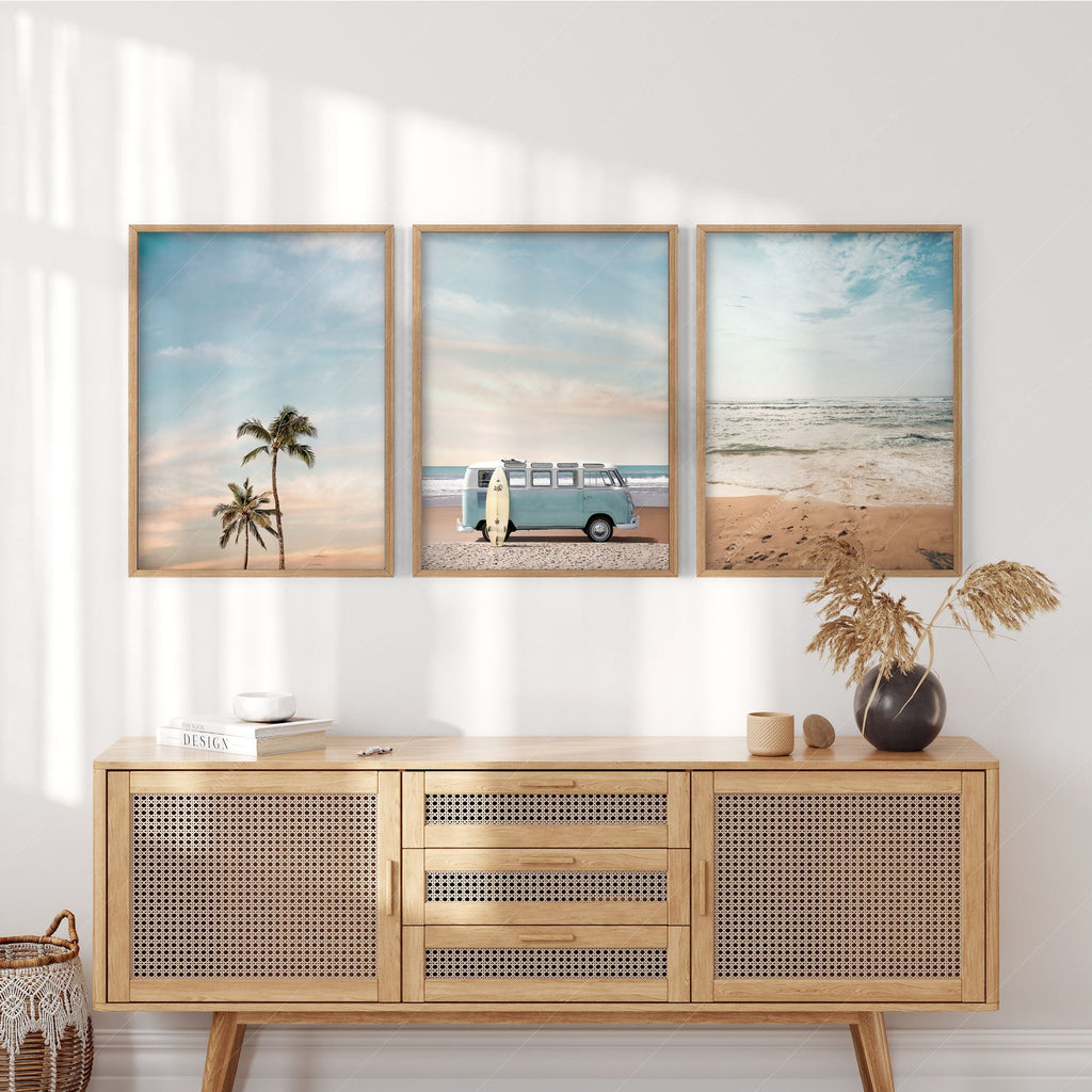 Beach Triptych Set of 3 Prints – Coastal VW Van Palm Tree Ocean Wall Art