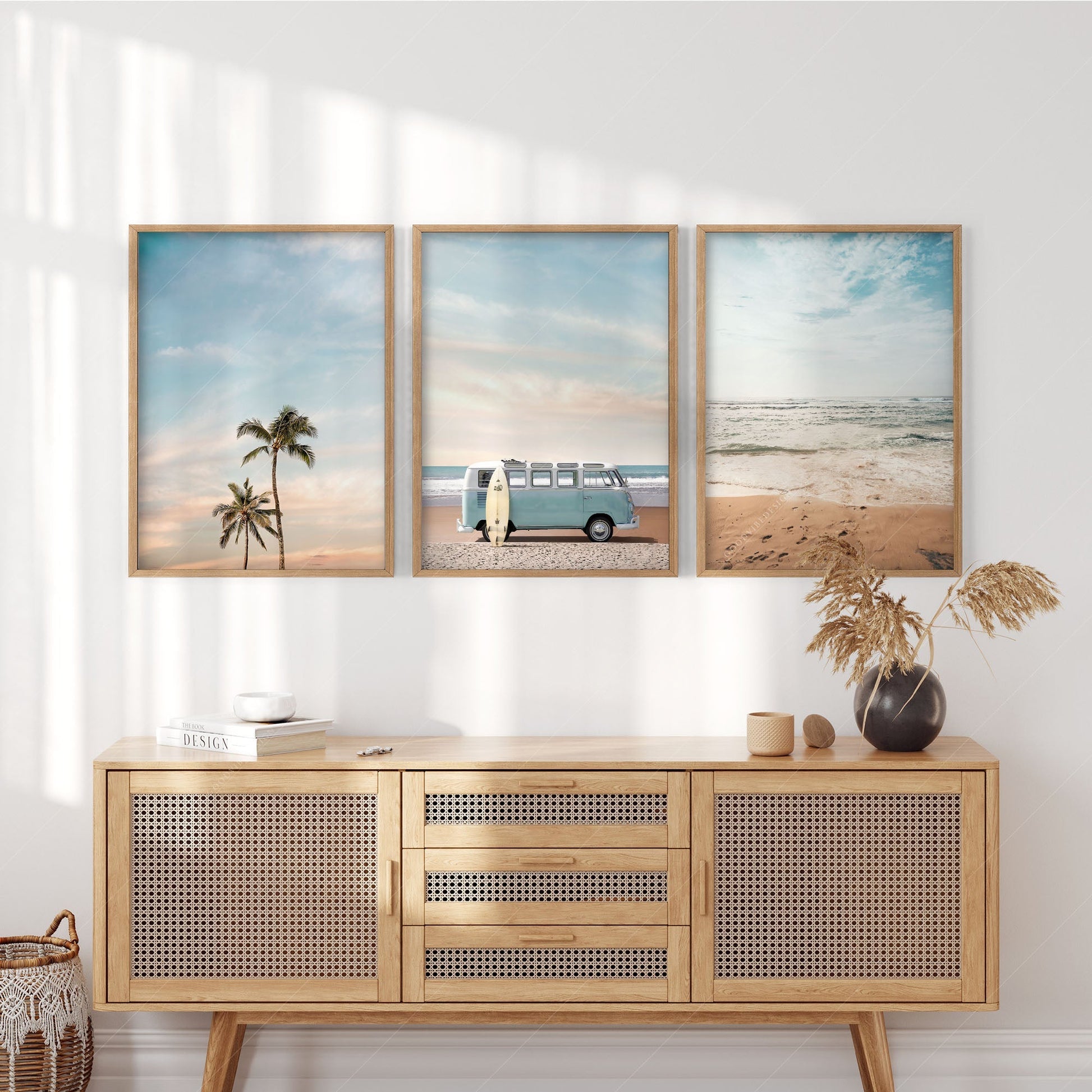 Beach Triptych Set of 3 Prints – Coastal VW Van Palm Tree Ocean Wall Art