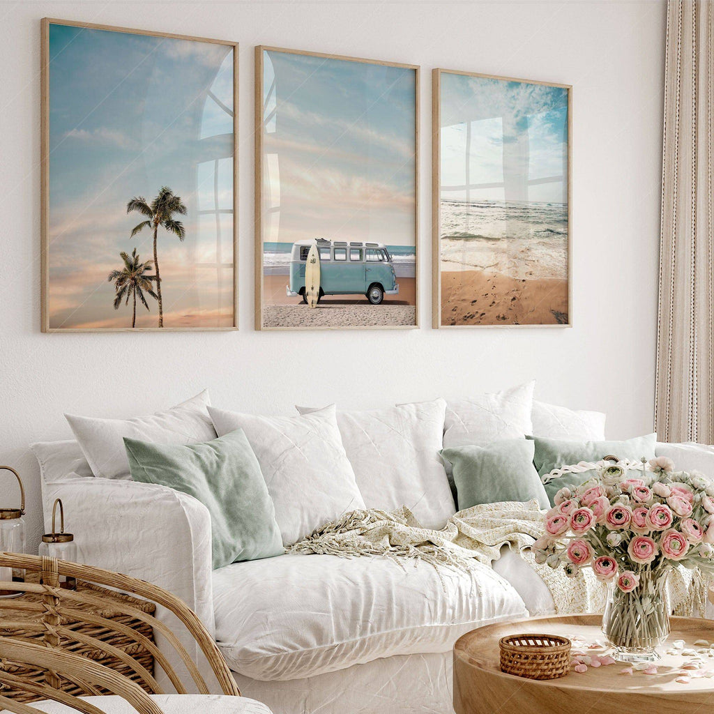 Beach Triptych Set of 3 Prints – Coastal VW Van Palm Tree Ocean Wall Art