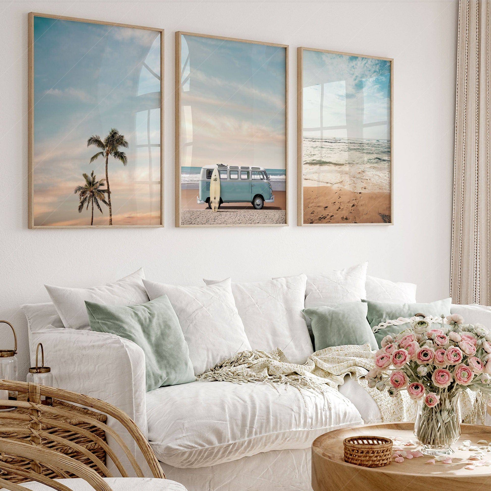 Beach Triptych Set of 3 Prints – Coastal VW Van Palm Tree Ocean Wall Art