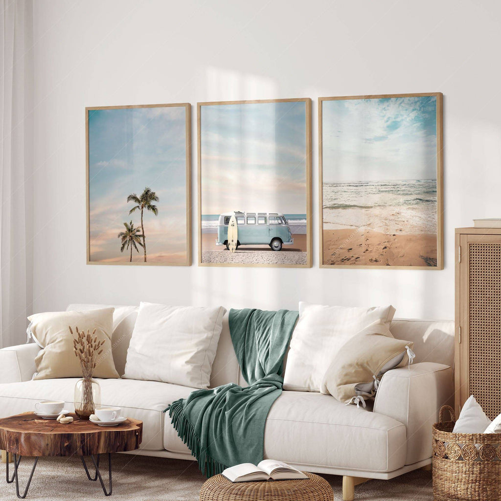 Beach Triptych Set of 3 Prints – Coastal VW Van Palm Tree Ocean Wall Art