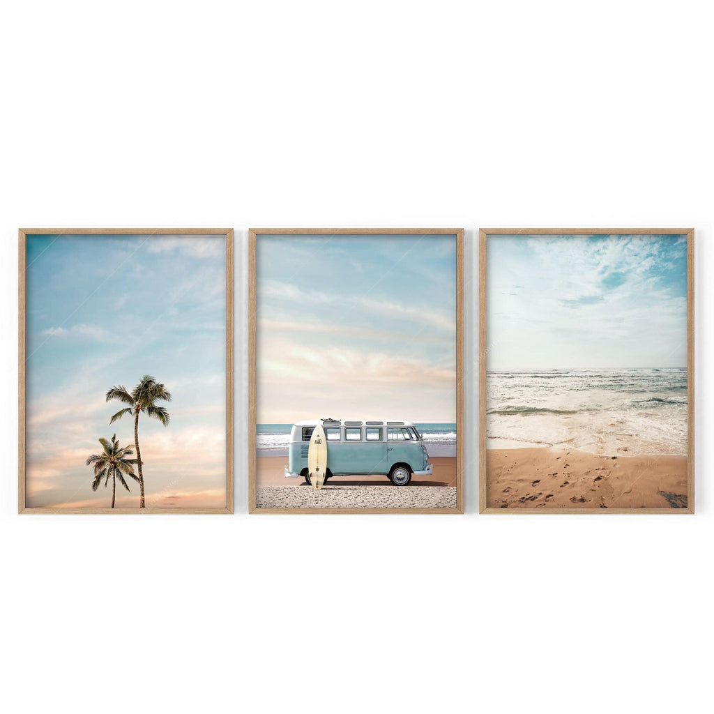 Beach Triptych Set of 3 Prints – Coastal VW Van Palm Tree Ocean Wall Art