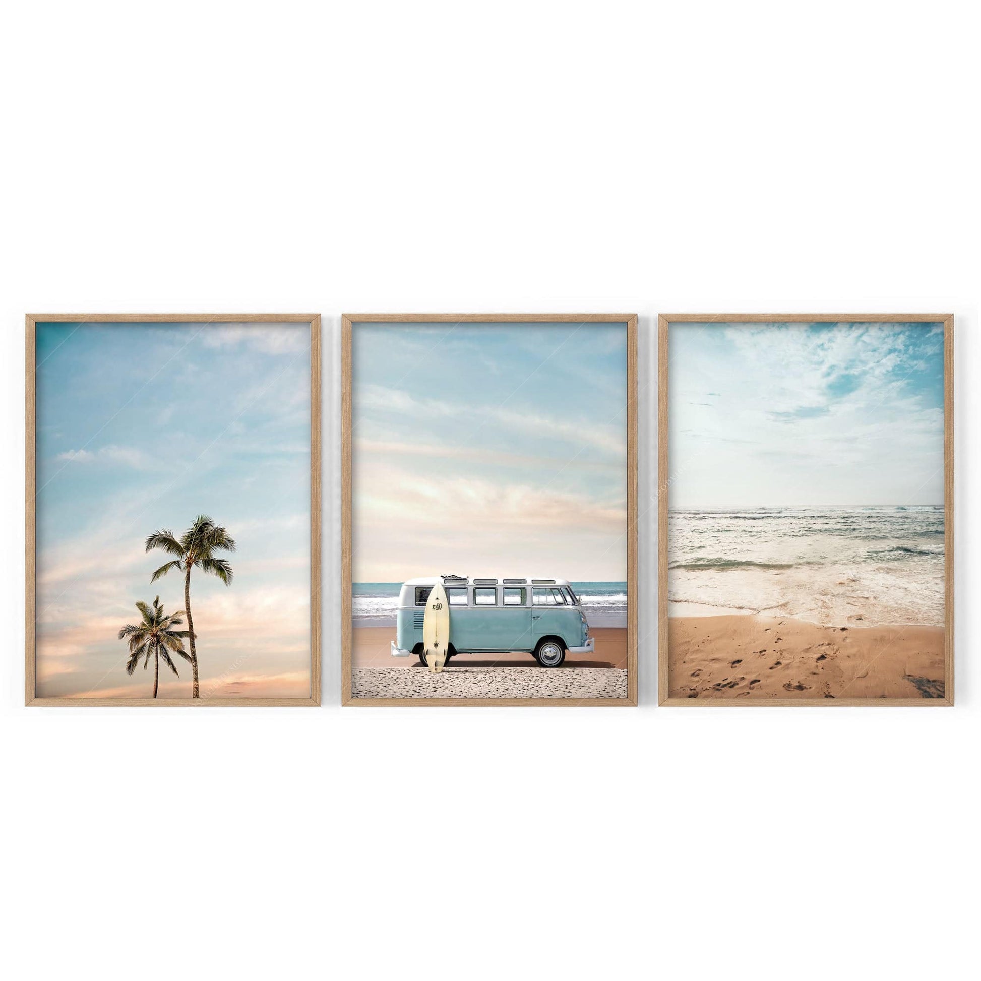 Beach Triptych Set of 3 Prints – Coastal VW Van Palm Tree Ocean Wall Art
