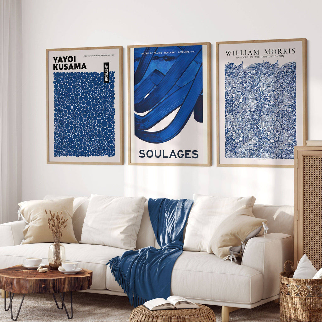 Indigo Blue Gallery Wall Set of 3 – Kusama Morris Soulages Art Prints