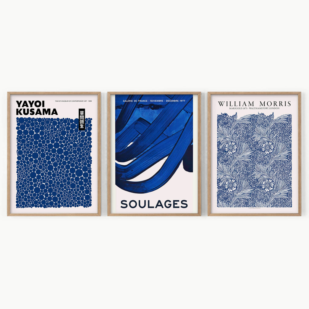 Indigo Blue Gallery Wall Set of 3 – Kusama Morris Soulages Art Prints