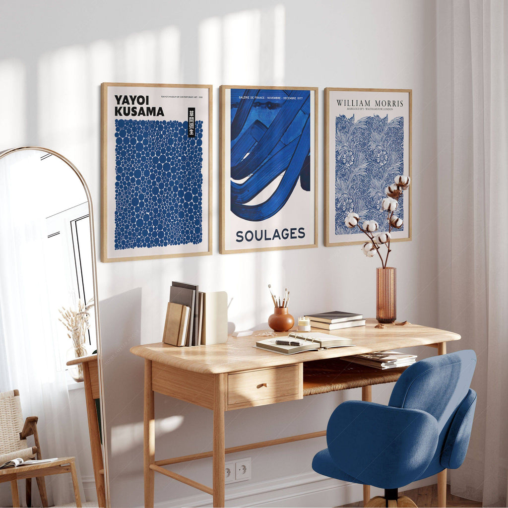 Indigo Blue Gallery Wall Set of 3 – Kusama Morris Soulages Art Prints