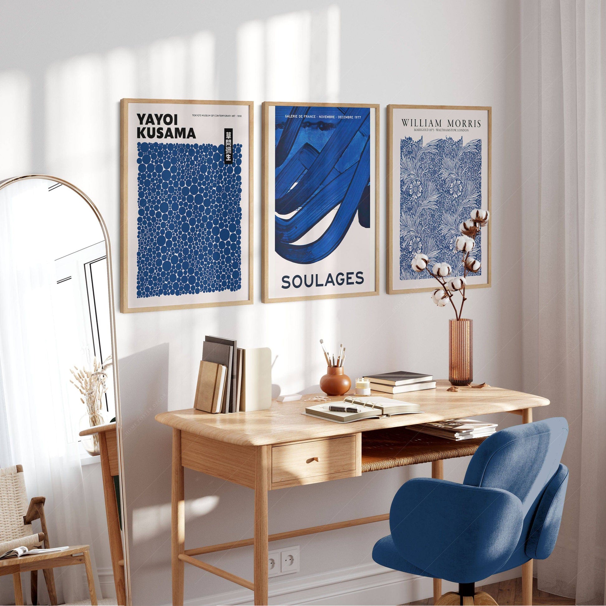 Indigo Blue Gallery Wall Set of 3 – Kusama Morris Soulages Art Prints
