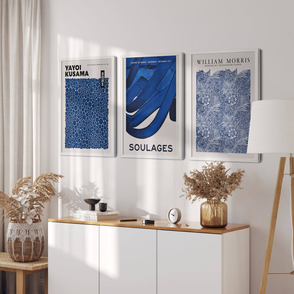 Indigo Blue Gallery Wall Set of 3 – Kusama Morris Soulages Art Prints