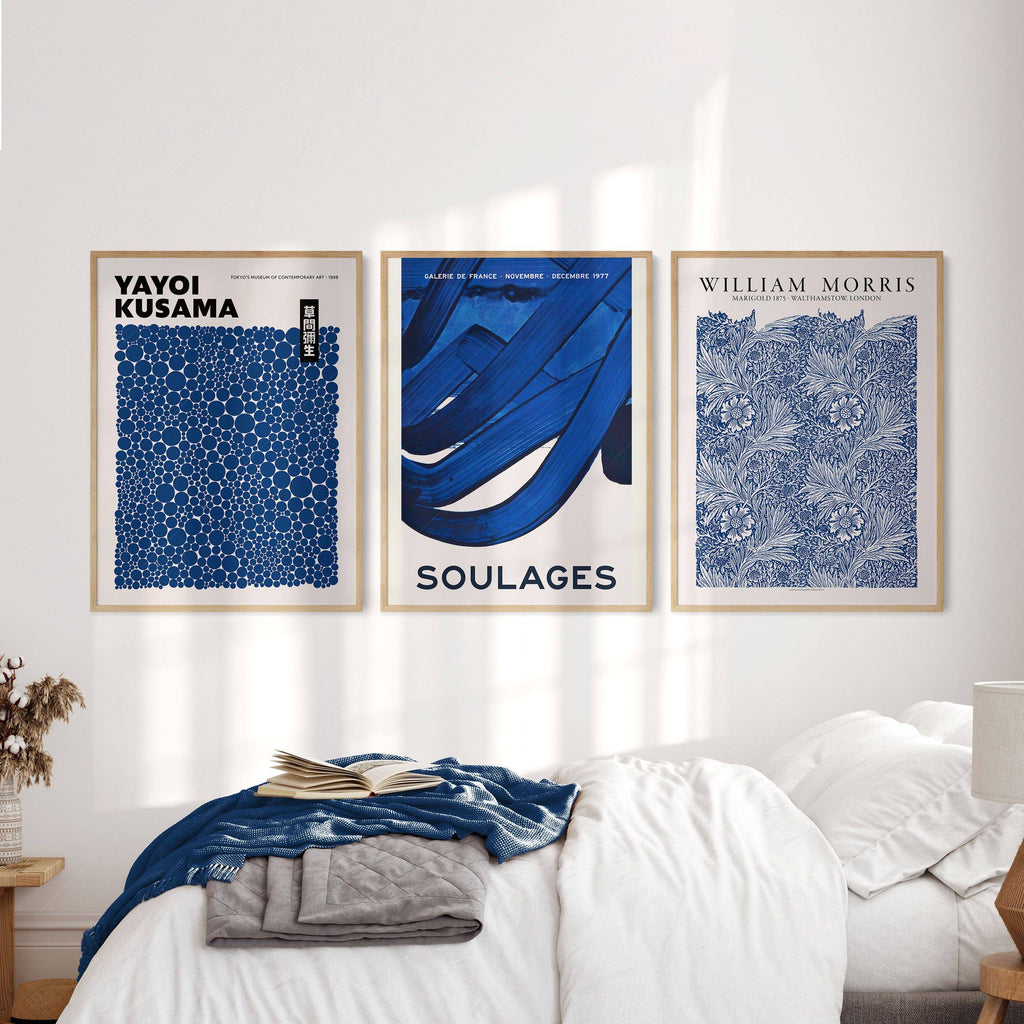 Indigo Blue Gallery Wall Set of 3 – Kusama Morris Soulages Art Prints