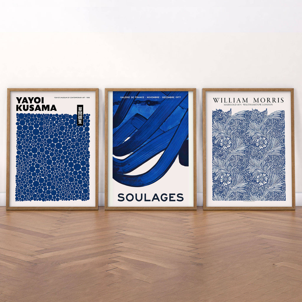 Indigo Blue Gallery Wall Set of 3 – Kusama Morris Soulages Art Prints