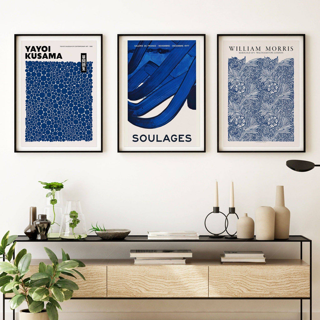 Indigo Blue Gallery Wall Set of 3 – Kusama Morris Soulages Art Prints