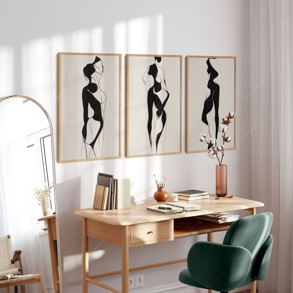 Minimalist Female Figure Line Art Set of 3 Prints – Modern Wall Decor